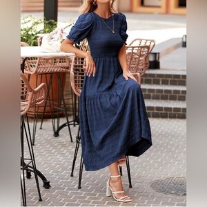 Breezeya Women’s Summer Midi Dress Round Neck Bubble Sleeves Navy Size M